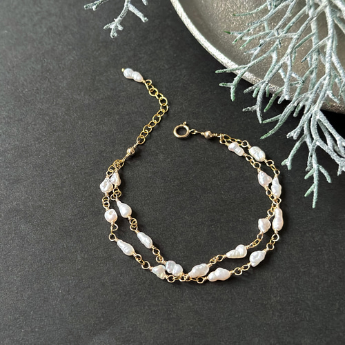 14kgf*小さな淡水ケシパールの2連ブレスレット ブレスレット marimello