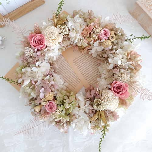 プリザーブドフラワーリース✨25cmふわふわ紫陽花×ホワイトグリーン  