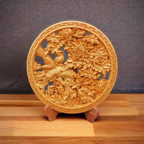喜上眉梢 14.5cm（カササギ・牡丹)・台座付き 参次元両面彫刻