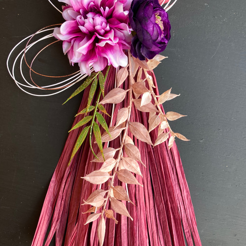 数量限定【お正月】ダリアとマムのタッセル型しめ縄リース わふさ  