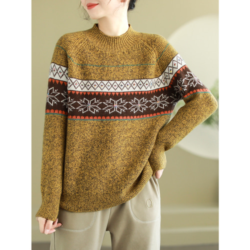 タートルネック ニット セーター ノルディック 幾何学柄 プルオーバー