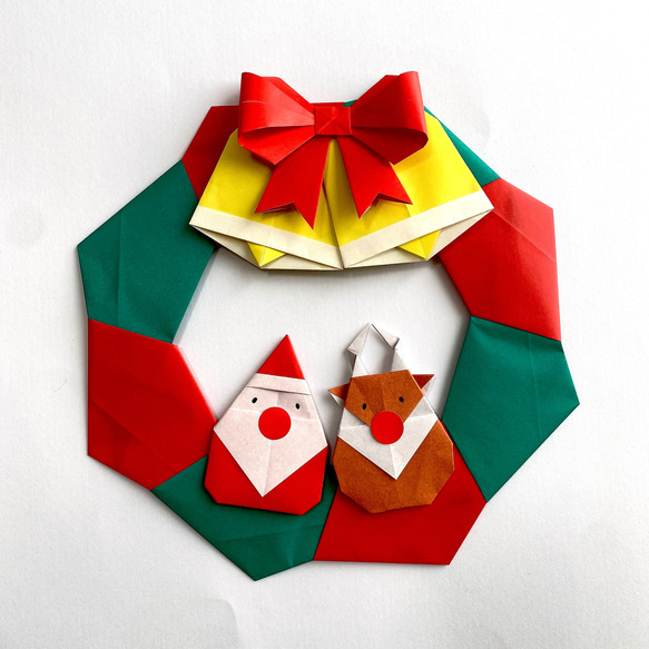 クリスマス飾り リース(大) サンタ トナカイ 折り紙 1枚目の画像