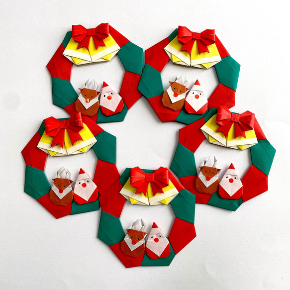クリスマス飾り リース(小) サンタ トナカイ 折り紙5セット 1枚目の画像