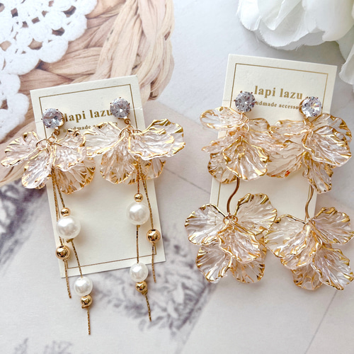 クリアゴールド花びら パール W華奢チェーン《ピアス/イヤリング