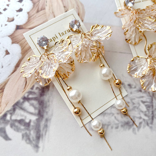 クリアゴールド花びら パール W華奢チェーン《ピアス/イヤリング