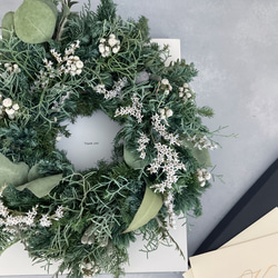 セール実施中　幸せ続くリース　針葉樹と白いお花のリース　ユーカリポポラス　オレゴン産もみの木 3枚目の画像