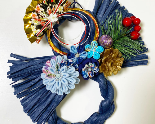 ✿つまみ細工✿ お正月しめ縄飾り(ネイビー) しめ縄・しめ飾り