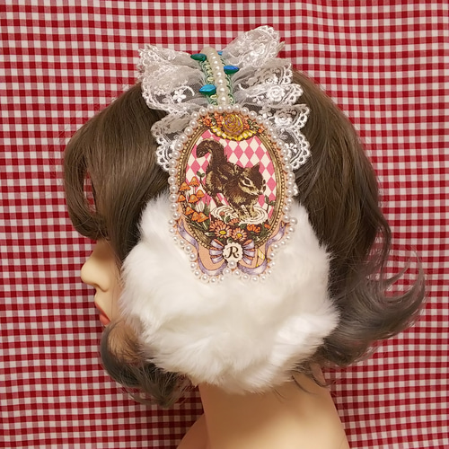 森の動物 イヤーマフ シマリス◇ピンク リボン 薔薇 レース リス りす