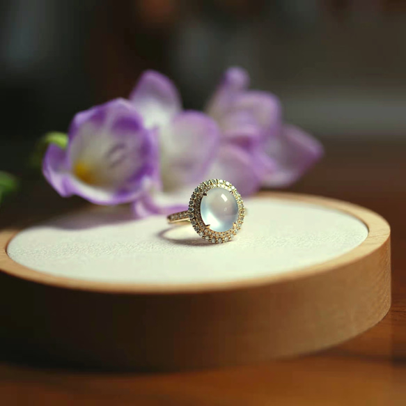 23-20 受注製作 極上品 高氷種 k18金ゴールド リング 指輪 天然 本翡翠 爪留め 天然ダイヤモンド 2枚目の画像
