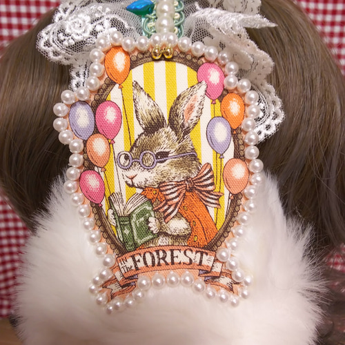 森の動物 イヤーマフ ウサギ◇白 生成 リボン 薔薇 パステルピンク