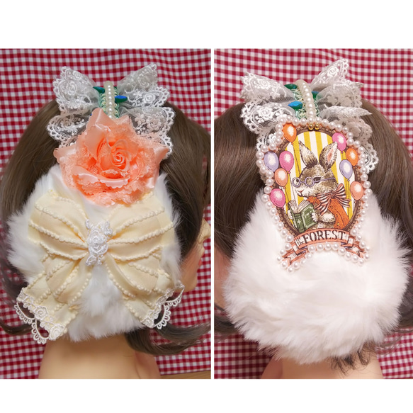 森の動物 イヤーマフ ウサギ◇白 生成 リボン 薔薇 パステルピンク