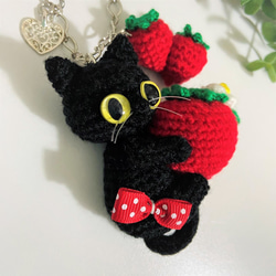 黒猫のイチゴいっぱいバッグチャーム♡あみぐるみ＊受注製作品 4枚目の画像
