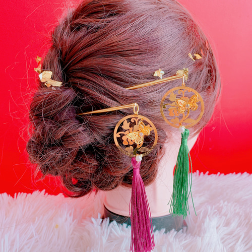 淡水パール＊タッセル＊かんざし 彼岸花柄の白狐面と鬼灯と曼珠沙華の和風かんざし(2本セット)淡水