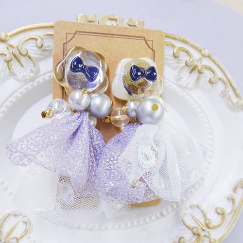 チュールドレスとリボンフラワー ピアス イヤリング リボンタッセル 