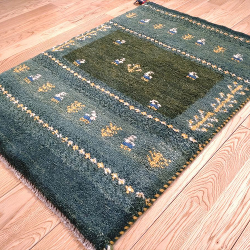 ペルシャ ギャッベ 玄関マット 87x60cm 草色 青緑色 生命の木 RJ877