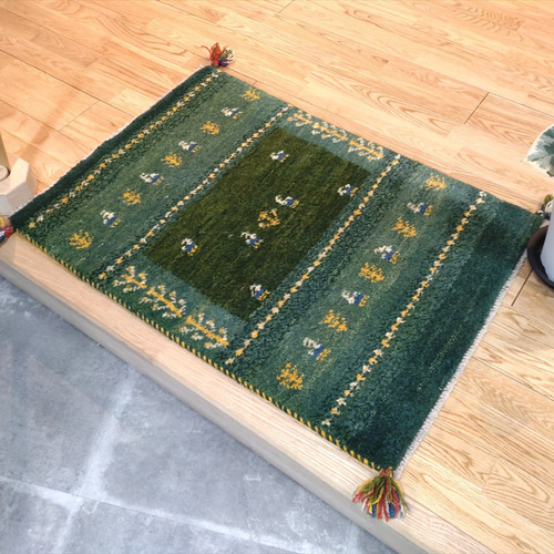 ペルシャ ギャッベ 玄関マット 87x60cm 草色 青緑色 生命の木