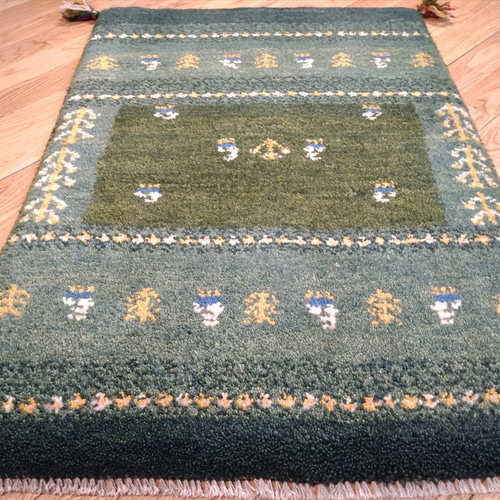 ペルシャ ギャッベ 玄関マット 87x60cm 草色 青緑色 生命の木 RJ877