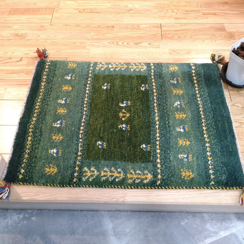 ペルシャ ギャッベ 玄関マット 87x60cm 草色 青緑色 生命の木 RJ877