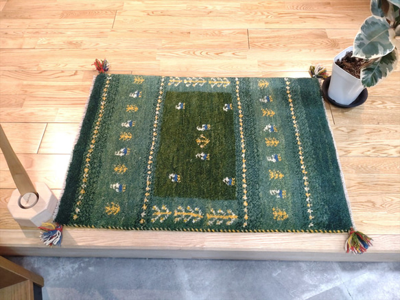 ペルシャ ギャッベ 玄関マット 87x60cm 草色 青緑色 生命の木 RJ877