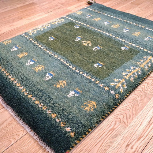 ペルシャ ギャッベ 玄関マット 87x60cm 草色 青緑色 生命の木 RJ877