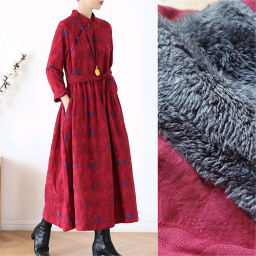 □ふかふかの総裏ボア付きで冬仕様♪葉柄刺繍ワンピース ネイビー