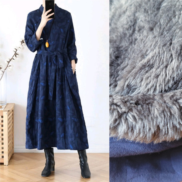 □ふかふかの総裏ボア付きで冬仕様♪葉柄刺繍ワンピース ネイビー