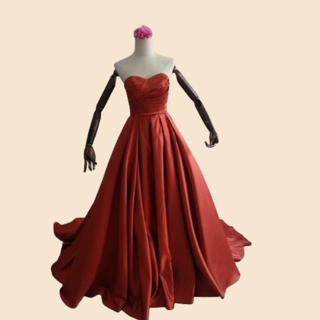 パーティードレス  テラコッタ色  ベアトップ  ファスナー  華やかなトレーン  スリット  結婚式  花嫁