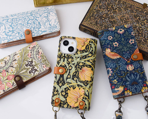 【ご参考:1枚掲載中】掲載生地で作製可。ウィリアムモリス ホリデイ スマホケース スマホケース / ウィリアム モリス iPhone 全機種対応 14 13 12 11 SE