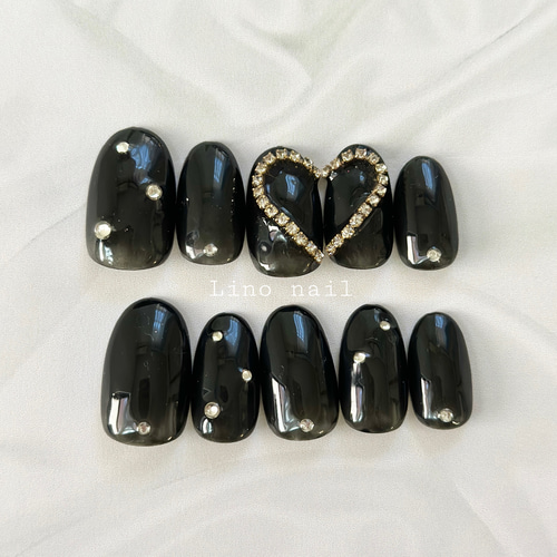 015 ネイルチップ シアーブラック ハートネイル キラキラネイル ワン