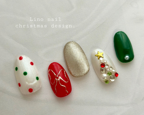 017 ネイルチップ クリスマスネイル ツリーネイル リボンネイル