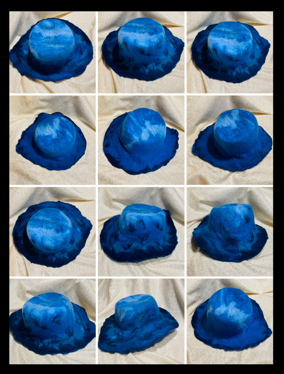羊毛フェルトハット ～ハンドメイドの両面デザイン、不規則で高級感のある帽子（ブルー系） 13枚目の画像