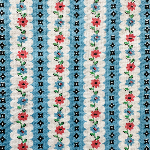 フランスアンティーク ヴィンテージ ファブリック・水色ストライプに赤