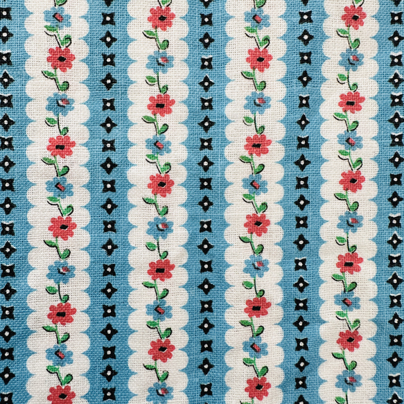 フランスアンティーク ヴィンテージ ファブリック・水色ストライプに赤とブルー小花 1枚目の画像