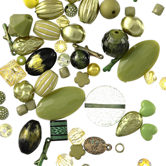 ビーズ ミックス 8mmー25mm 緑 100ｇ たっぷり 丸 混形 アソート ハンドメイド パーツ  BD3438 1枚目の画像