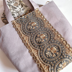インド刺繍　トートバッグ　ベージュ　内布ビビッドピンク 2枚目の画像