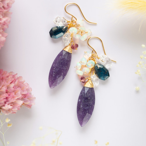 カイヤナイト×スコロライト×ラベンダーアメジスト14kgfピアス