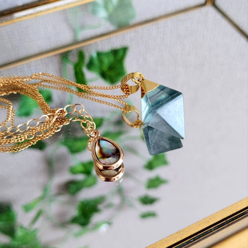 天然石ネックレス(八面体フローライト、アバロンシェル) 八角形