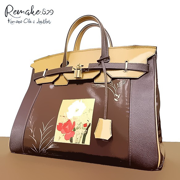 40サイズ#70◆着物帯と本革のリメイクバッグ◆remake.829 日本職◆kimonoremake