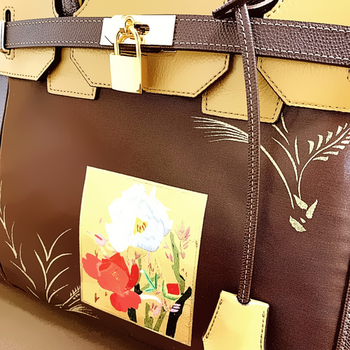 40サイズ#70◇着物帯と本革のリメイクバッグ◇remake.829 日本職