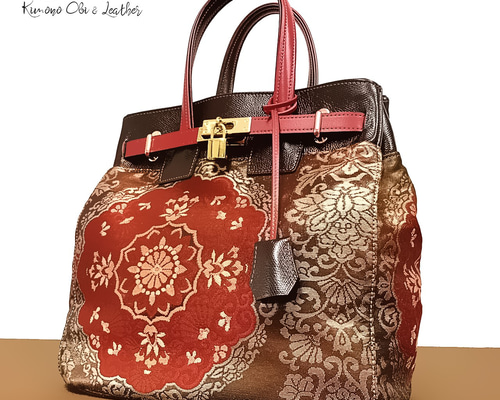 SOLD◇30サイズ◇着物帯と本革のリメイクバッグ◇remake.829