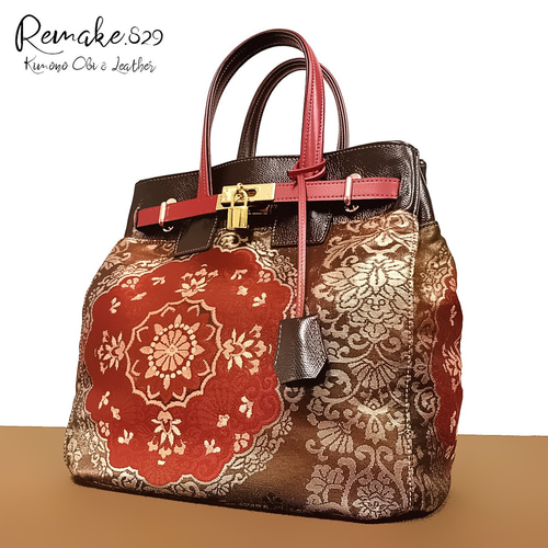 SOLD◇30サイズ◇着物帯と本革のリメイクバッグ◇remake.829