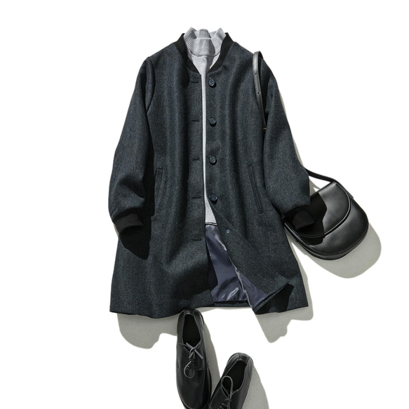 下一季主打外套 羊毛混紡人字紋布料束口大衣 海軍藍 231013-2 第1張的照片