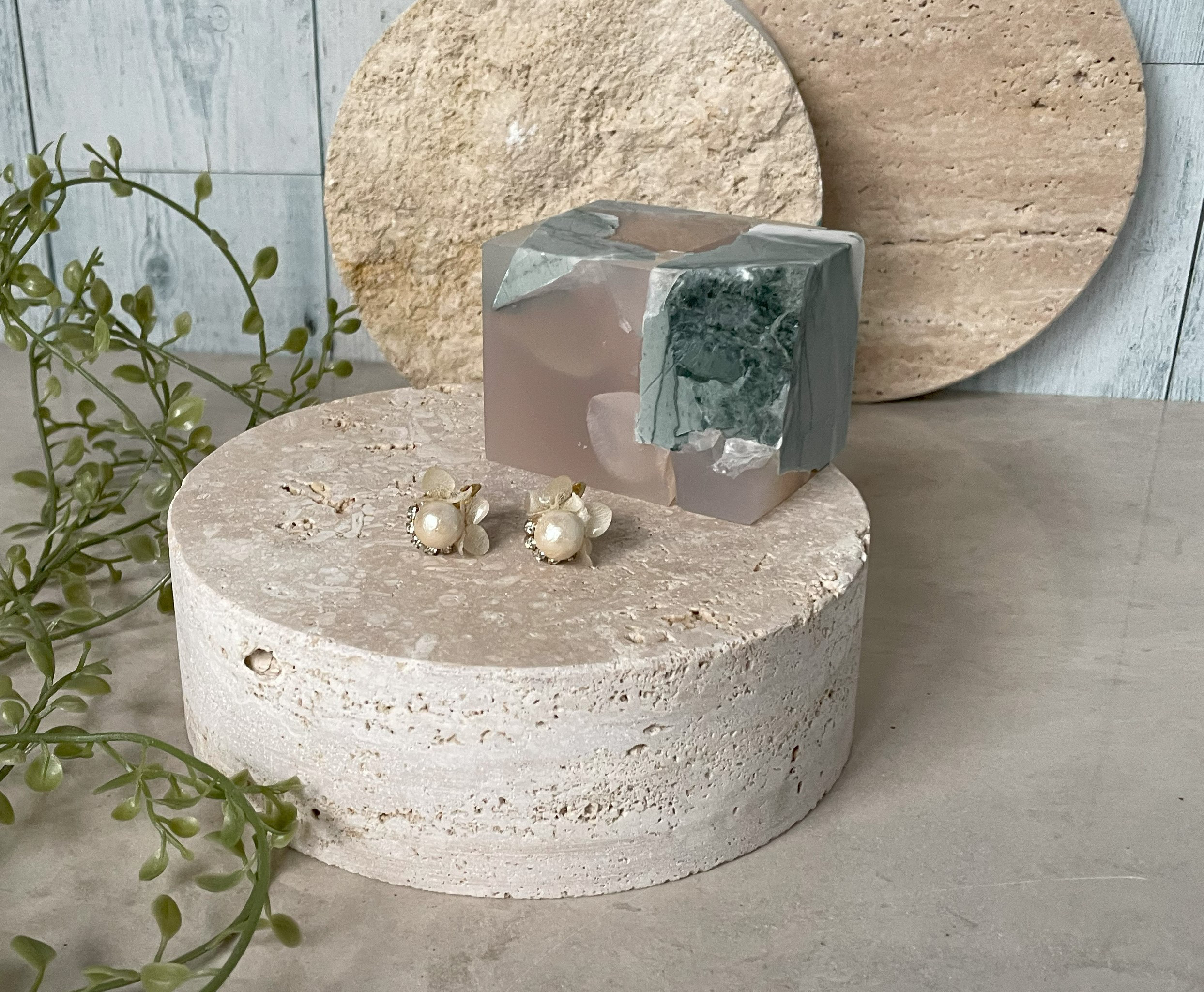 天然大理石　≒φ190㎜　トラバーチンディスプレイトレイ