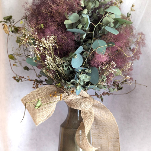 ご売約 青葉雨 スモークツリーとユーカリにブラックリボンのスワッグ