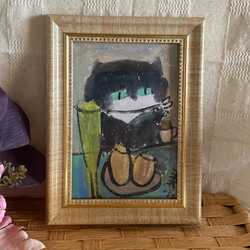 絵画。原画手描き【黒猫の楽しくてロマンチックなシャンパンの夜】 3枚目の画像