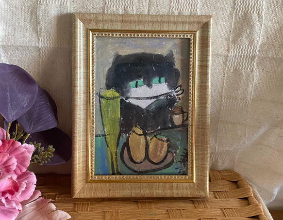 絵画。原画手描き【黒猫の楽しくてロマンチックなシャンパンの夜】 3枚目の画像