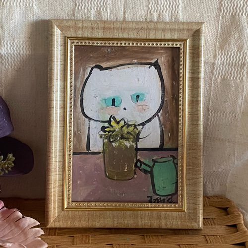 絵画。原画手描き【いちごを食べるのが好きなかわいい白い猫】