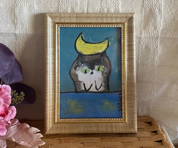 絵画。原画手描き【かわいい猫と美しい月はいい友達ですね】02