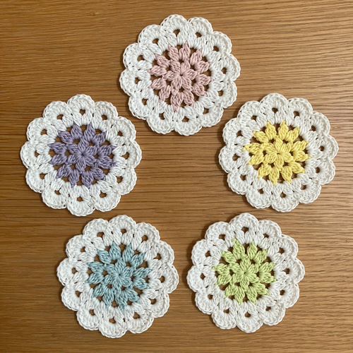 お花の手編みコースター コットン100% 北欧 ナチュラル ♡5枚セット