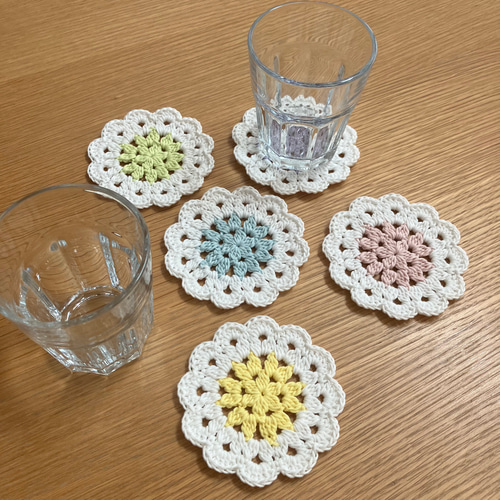 お花の手編みコースター コットン100% 北欧 ナチュラル ♡5枚セット